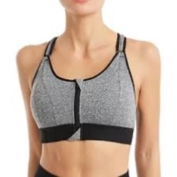 Womens Front Zip Grey/Black Sports Bra With pads Size L Gymwear Athletics NWOT - Picture 1 of 6